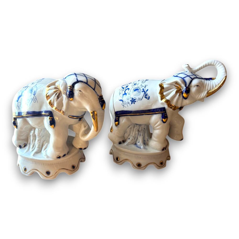 Vintage Blue and White Porcelain Elephant Figurines Pair Gold Trim Indonesia
